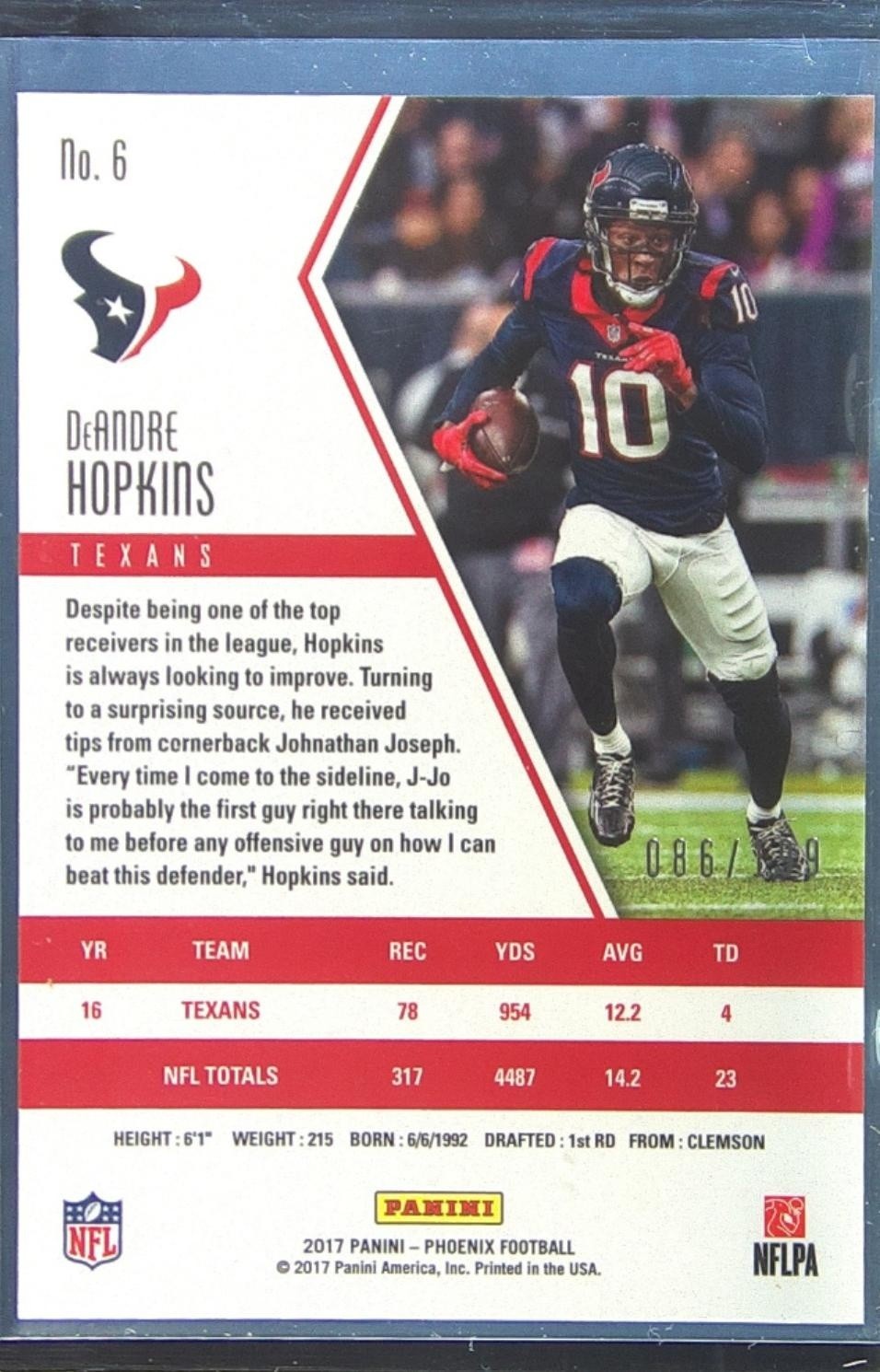 2017 Panini Phoenix DeAndre Hopkins Pink /199 #6 Texans - Image 3