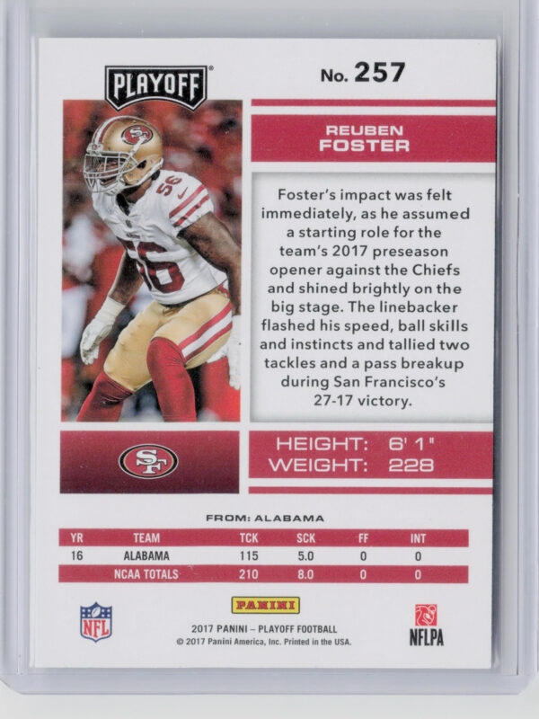 2017 Panini Playoff Reuben Foster 3rd Down SN25 #257 49ers - Image 3