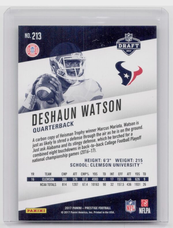 2017 Panini Prestige Deshaun Watson RC #213 Texans - Image 3