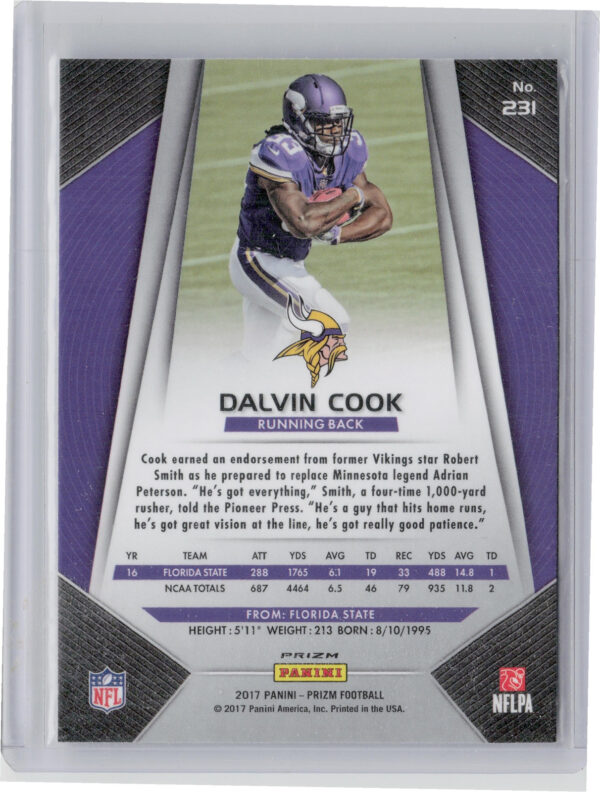 2017 Panini Prizm Dalvin Cook Prizm #231 Vikings - Image 3