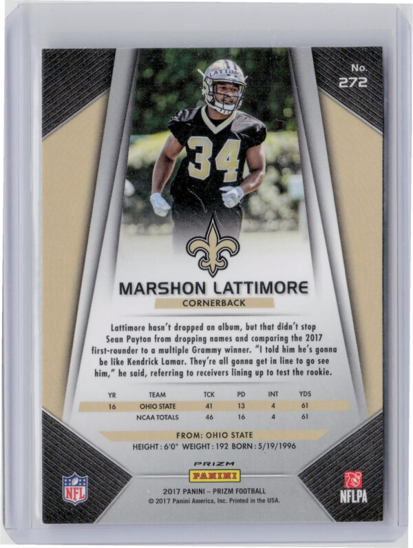 2017 Panini Prizm Marshon Lattimore Prizm #272 Saints - Image 3