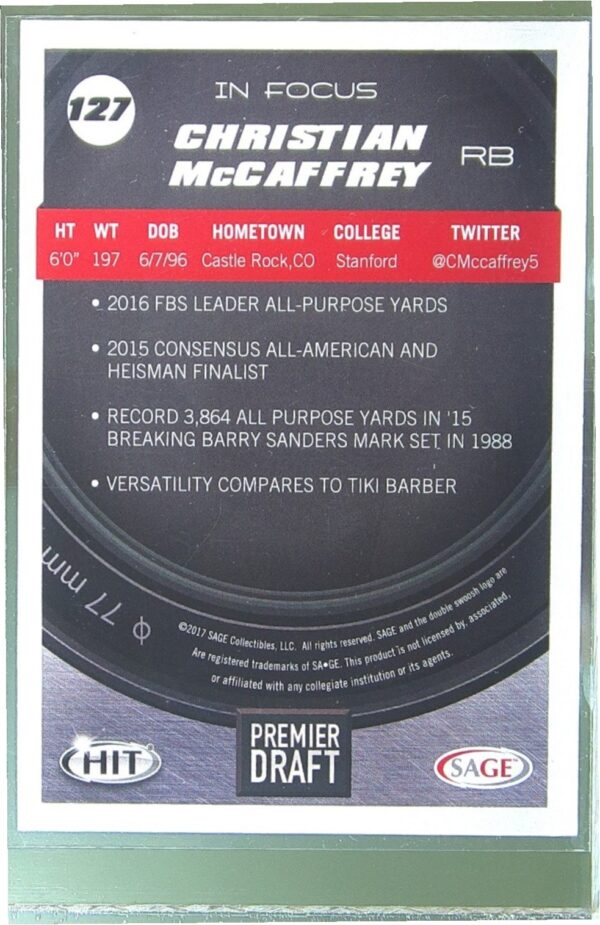 2017 SAGE HIT Christian McCaffrey RC #127 Cardinal - Image 3