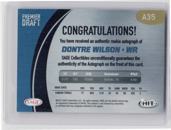 2017 SAGE HIT Dontre Wilson AU #A35 Buckeyes Autographs - Image 3