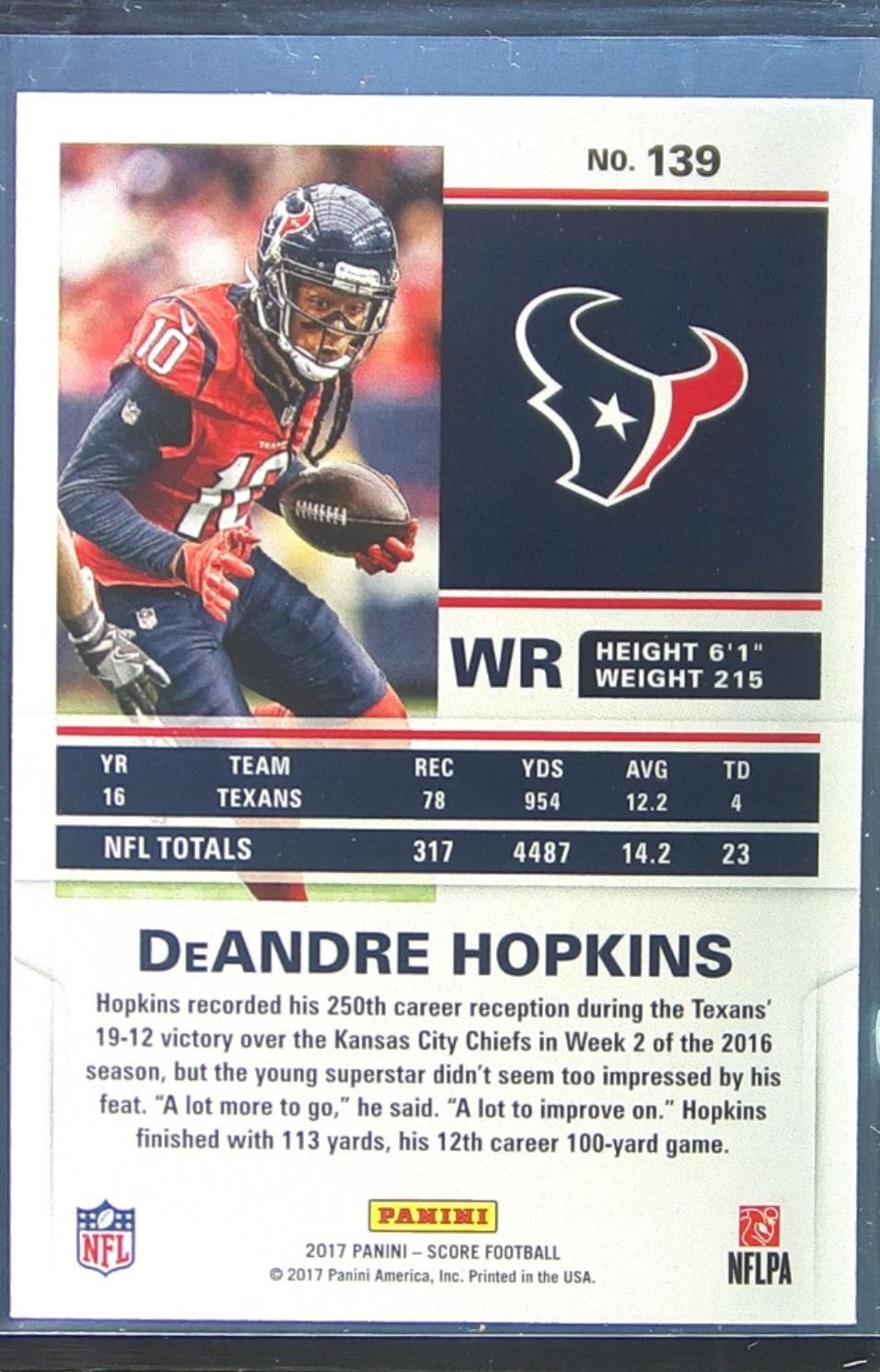 2017 Score DeAndre Hopkins Scorecard #139 Texans - Image 3