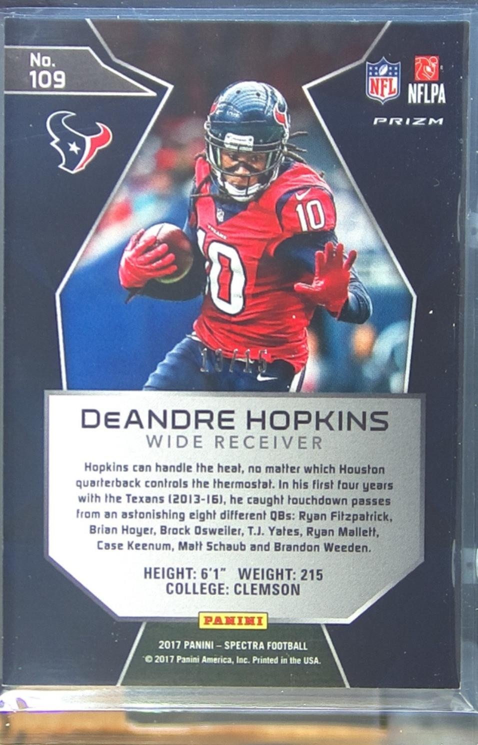 2017 Spectra DeAndre Hopkins Neon Pink /15 #109 Texans - Image 3