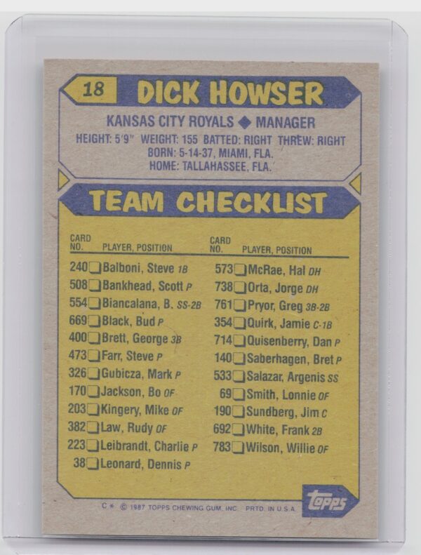 2017 Topps Dick Howser #18 Royals Rediscover Topps 1987 Stamped Buybacks Gold - Image 3