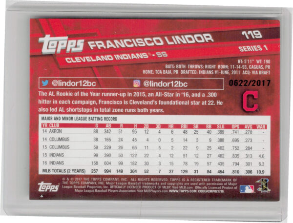 2017 Topps Francisco Lindor #119 Indians - Image 3