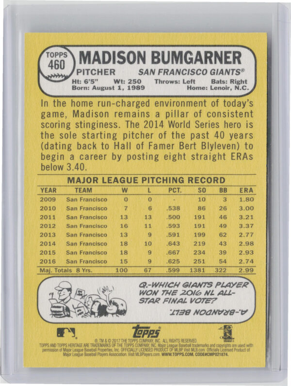 2017 Topps Heritage Madison Bumgarner SP VAR #460 Giants - Image 3