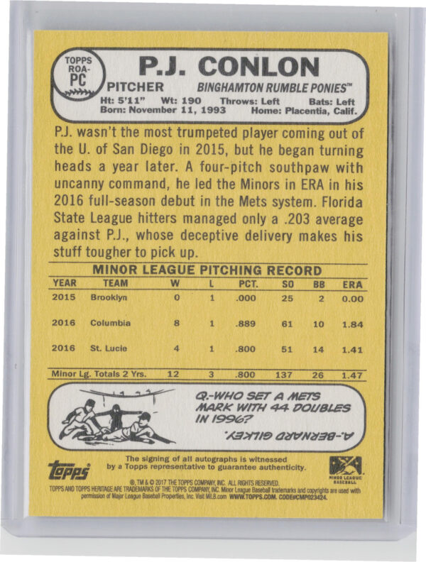 2017 Topps Heritage Minor League P.J. Conlon AU #ROA-PC Ponies Real One Autograp - Image 3