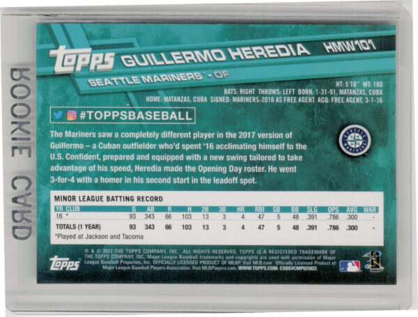 2017 Topps Holiday Guillermo Heredia RC #HMW101 Mariners - Image 3