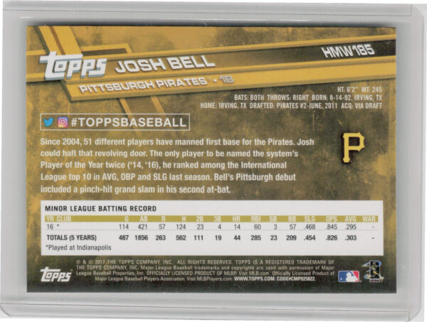 2017 Topps Holiday Josh Bell RC #HMW185 Pirates - Image 3