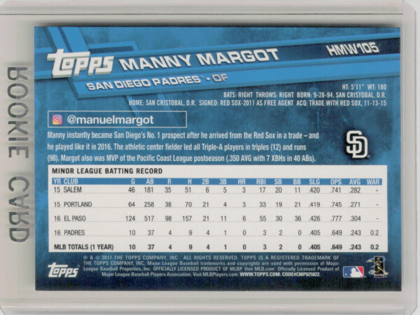 2017 Topps Holiday Manny Margot RC #HMW105 Padres - Image 3