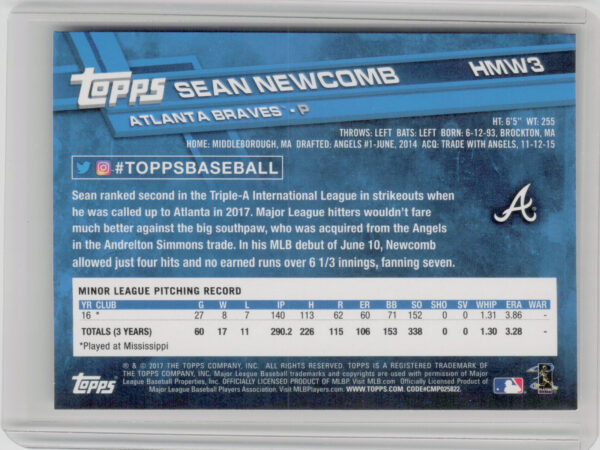 2017 Topps Holiday Sean Newcomb RC #HMW3 Braves - Image 3