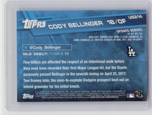 2017 Topps Update Cody Bellinger #US214 Dodgers - Image 3