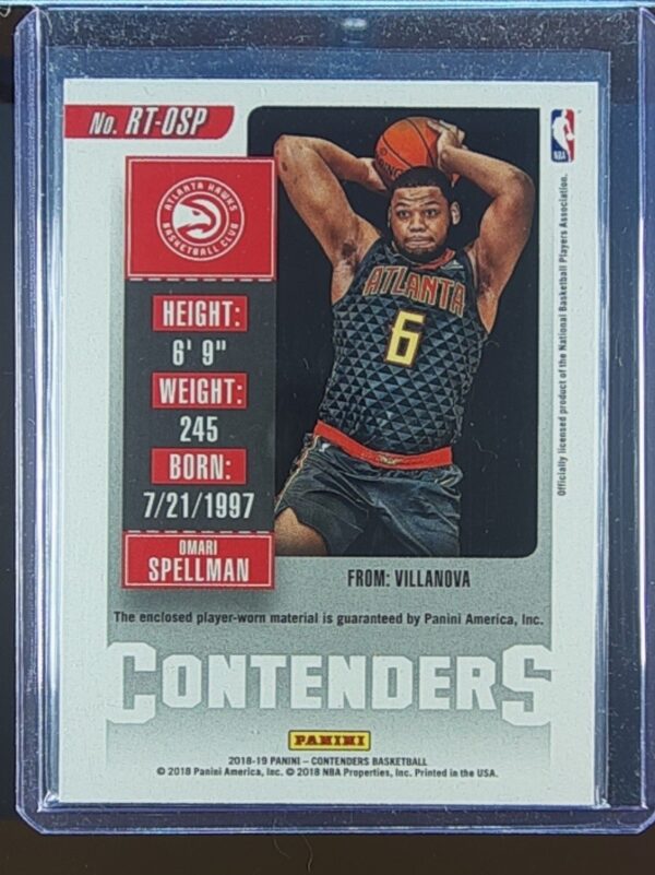 2018-19 Contenders Omari Spellman JSY #RT-OSP Hawks Rookie Ticket Swatches - Image 3