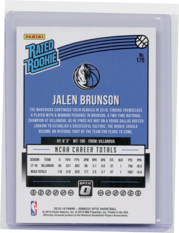 2018-19 Donruss Optic Jalen Brunson RC #179 Mavericks - Image 3