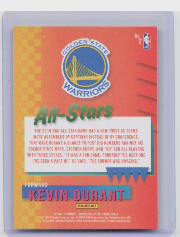 2018-19 Donruss Optic Kevin Durant #2 Warriors All Stars - Image 3