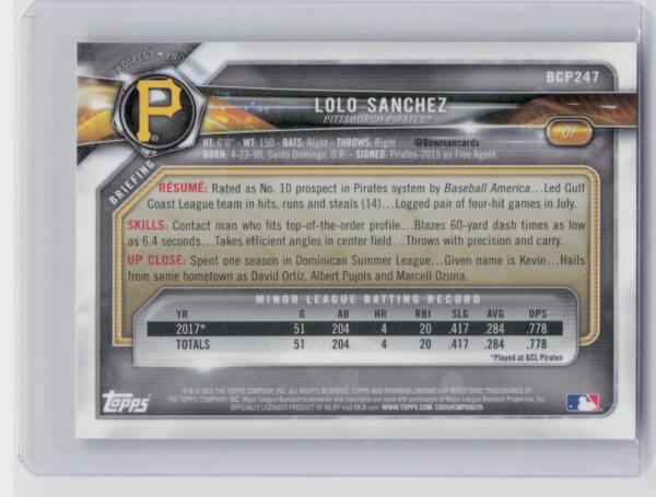 2018 Bowman Chrome LoLo Sanchez #BCP247 Pirates Prospects - Image 3