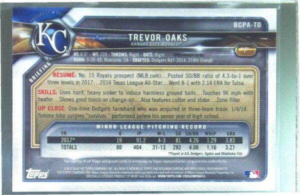 2018 Bowman Chrome Trevor Oaks Auto #BCPA-TO Royals Prospects Autographs - Image 3