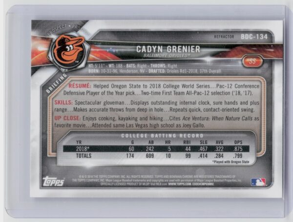 2018 Bowman Draft Cadyn Grenier Chrome #BDC-134 Orioles - Image 3