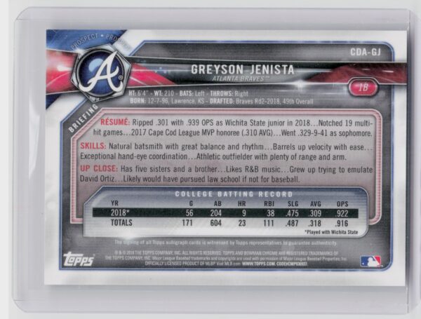 2018 Bowman Draft Greyson Jenista AU #CDA-GJ Braves Chrome Draft Pick Autographs - Image 3