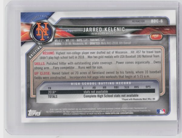 2018 Bowman Draft Jarred Kelenic Chrome Refractors #BDC-6 Mets - Image 3