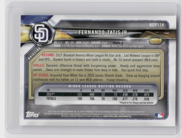 2018 Bowman Fernando Tatis Jr. #BCP114 Padres Chrome Prospects Mojo Refractor - Image 3