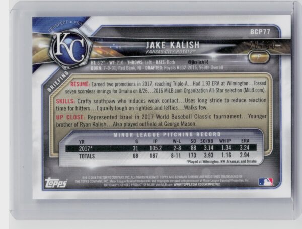 2018 Bowman Jake Kalish /50 #BCP77 Royals Chrome Prospects Mojo Refractor Gold - Image 3