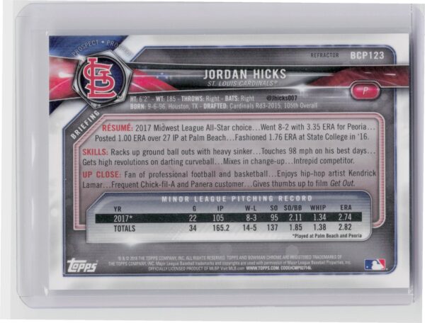 2018 Bowman Jordan Hicks SN499 #BCP123 Cardinals Chrome Prospects Refractor - Image 3