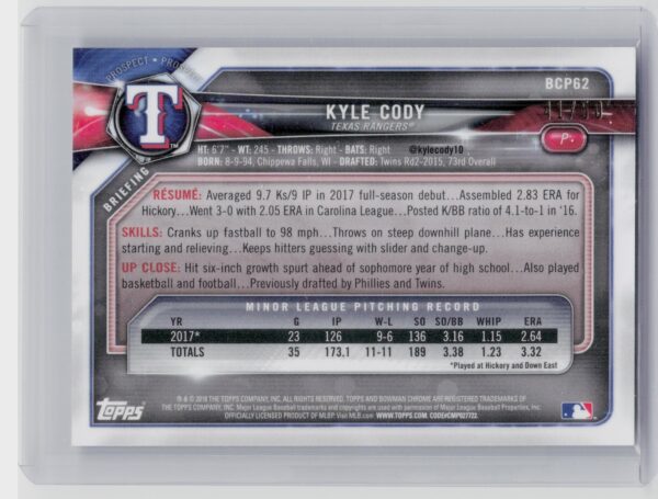 2018 Bowman Kyle Cody SN50 #BCP62 Rangers Chrome Prospects Mojo Refractor Gold - Image 3