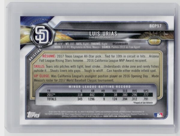 2018 Bowman Luis Urias SN50 #BCP57 Padres Chrome Prospects Mojo Refractor Gold - Image 3
