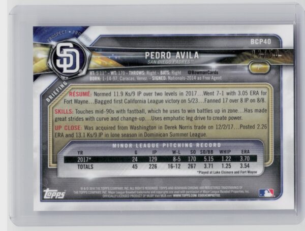 2018 Bowman Pedro Avila SN50 #BCP40 Padres Chrome Prospects Mojo Refractor Gold - Image 3