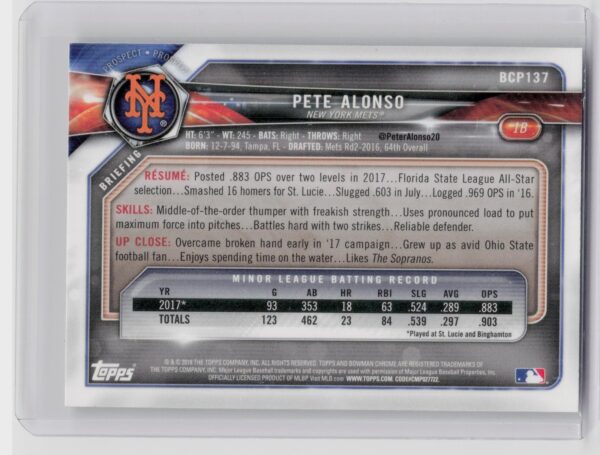 2018 Bowman Pete Alonso #BCP137 Mets Chrome Prospects Mojo Refractor - Image 3