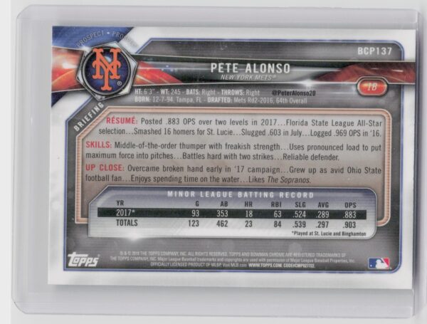 2018 Bowman Pete Alonso #BCP137 Mets Chrome Prospects Mojo Refractor - Image 3