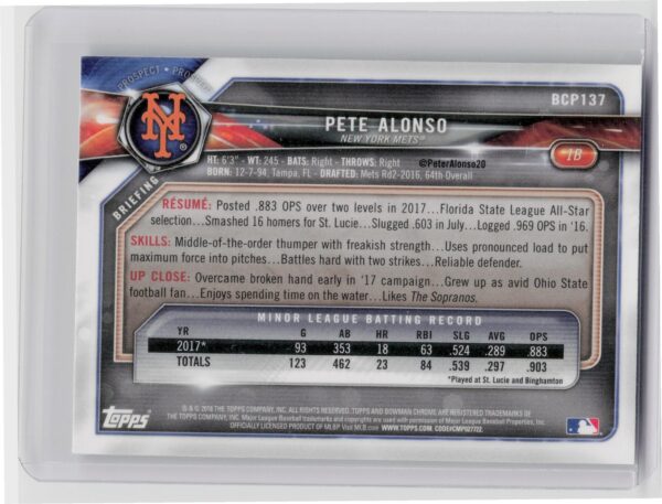 2018 Bowman Pete Alonso #BCP137 Mets Chrome Prospects Mojo Refractor - Image 3