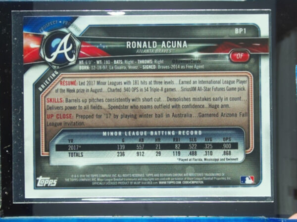 2018 Bowman Ronald Acuna #BP1 Braves Prospects - Image 3