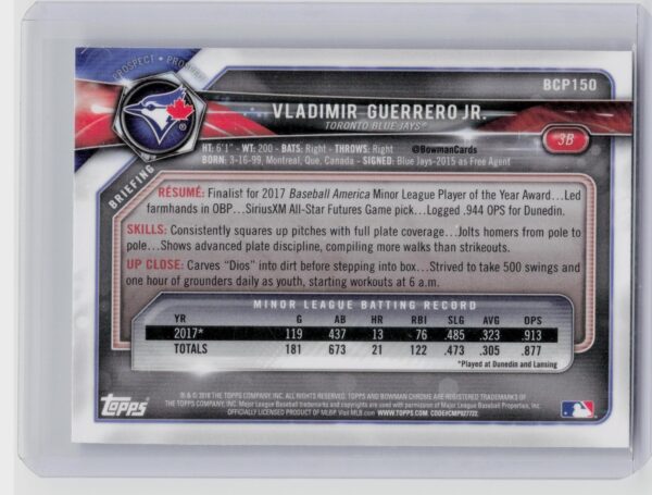 2018 Bowman Vladimir Guerrero Jr. #BCP150 Jays Chrome Prospects Mojo Refractor - Image 3