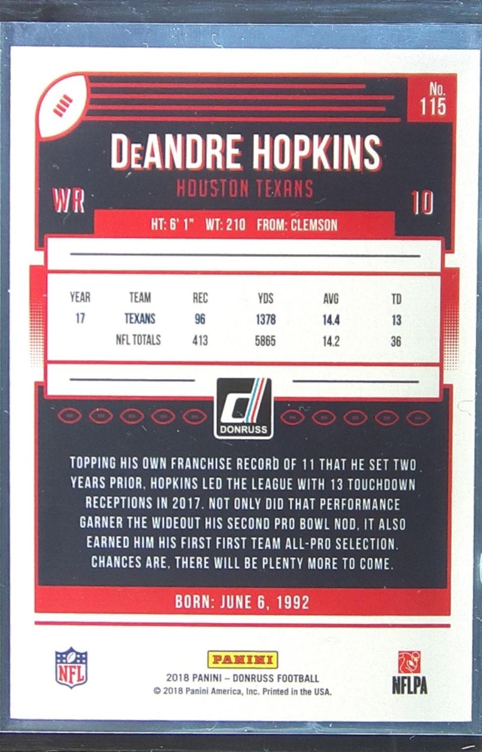 2018 Donruss DeAndre Hopkins Press Proof Silver /100 #115 Texans - Image 3