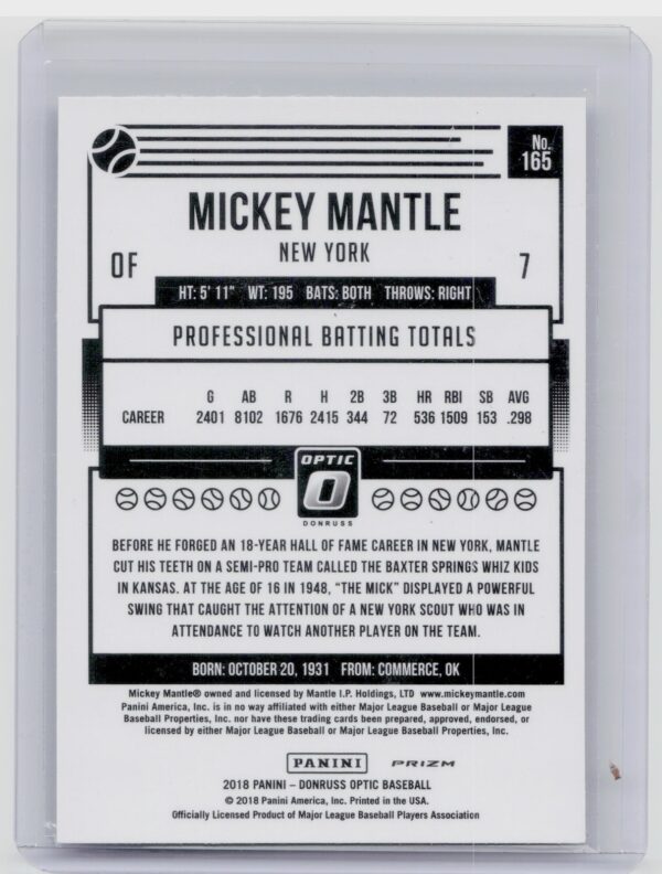 2018 Donruss Optic Mickey Mantle Holo VAR #165 Yankees - Image 3