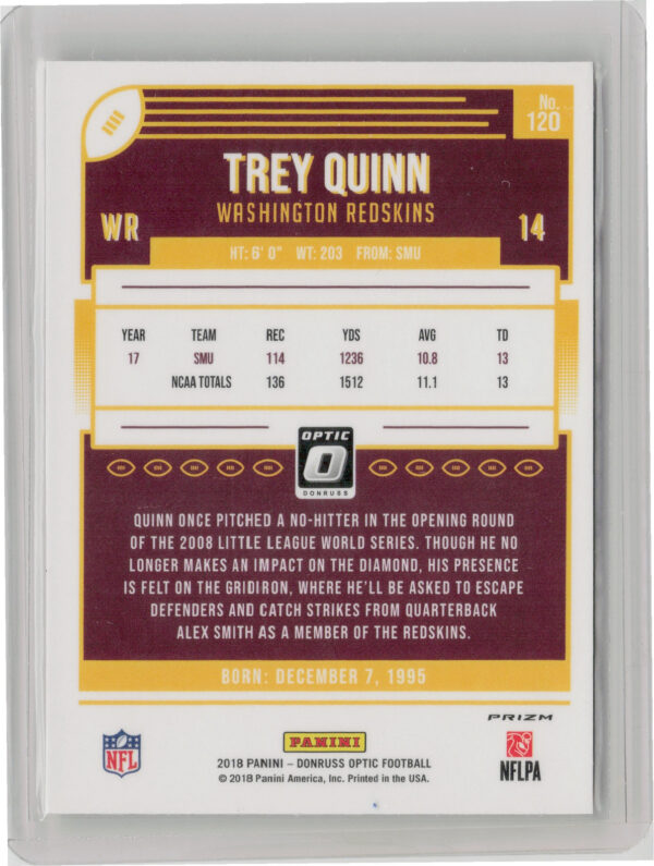 2018 Donruss Optic Trey Quinn Red and Yellow #120 Redskins - Image 3