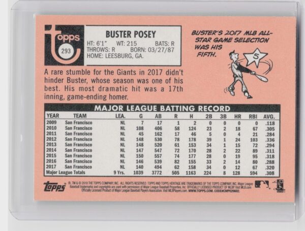 2018 Heritage Buster Posey SP VAR #293 Giants - Image 3