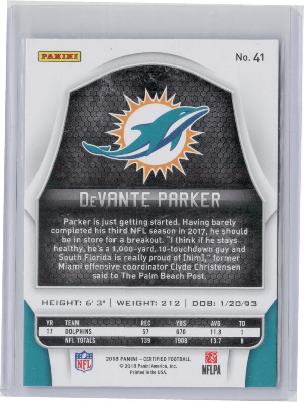 2018 Panini Certified DeVante Parker Mirror Orange SN225 #41 Dolphins - Image 3