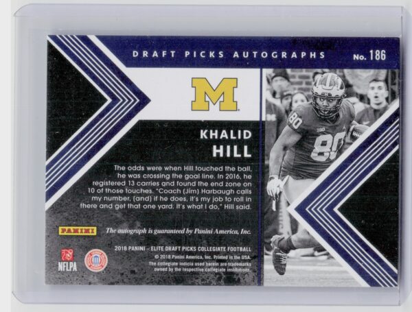 2018 Panini Elite Draft Picks Khalid Hill AU #186 Wolverines Draft Picks Autogra - Image 3