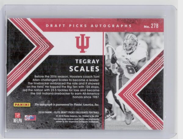 2018 Panini Elite Draft Picks Tegray Scales AU #278 Hoosiers Draft Picks Autogra - Image 3