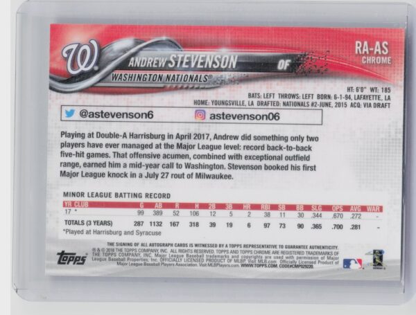 2018 Topps Chrome Andrew Stevenson AU #RA-AS Nationals Rookie Autographs - Image 3