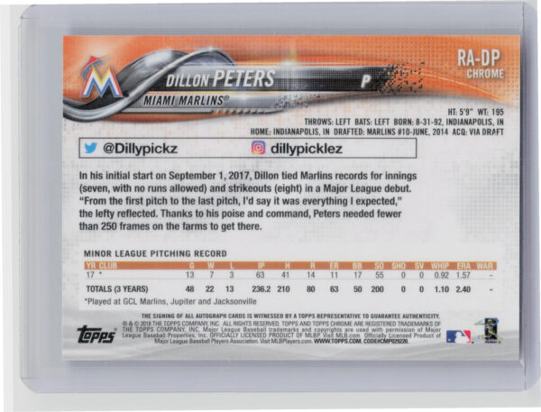 2018 Topps Chrome Dillon Peters AU #RA-DP Marlins Rookie Autographs - Image 3