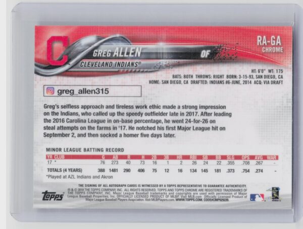 2018 Topps Chrome Greg Allen AU #RA-GA Indians Rookie Autographs - Image 3