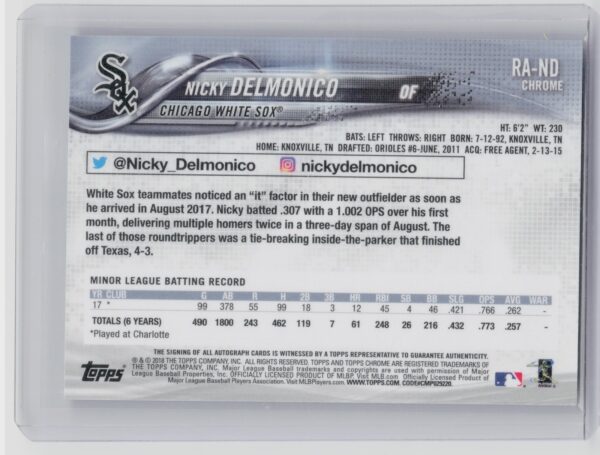 2018 Topps Chrome Nicky Delmonico AUTO #RA-ND Sox - Image 3