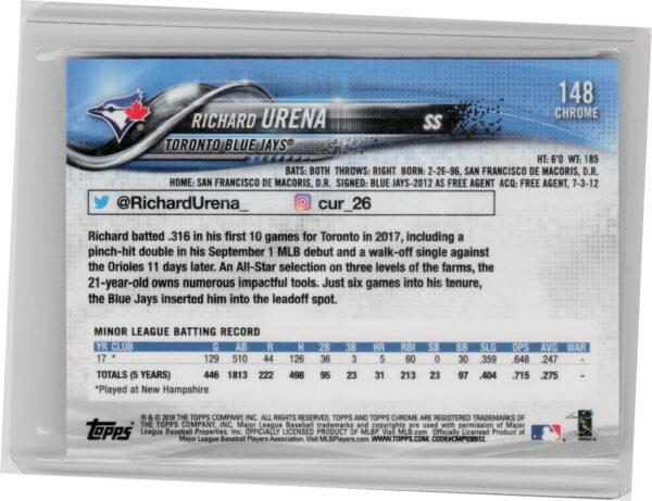 2018 Topps Chrome Sapphire Edition Richard Urena #148 Jays - Image 3