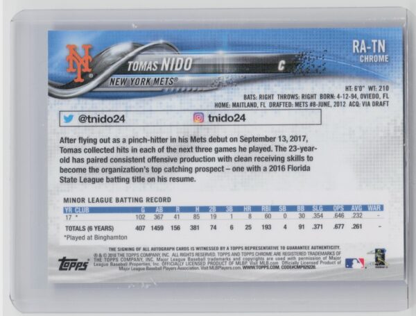 2018 Topps Chrome Tomas Nido AUTO #RA-TN Mets - Image 3